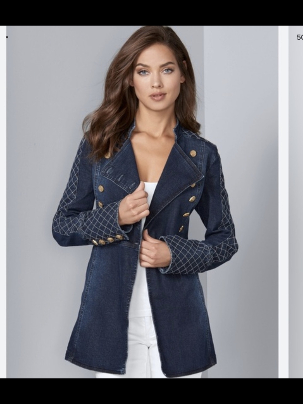 VENUS Navy Quilted-Sleeve Denim Blazer